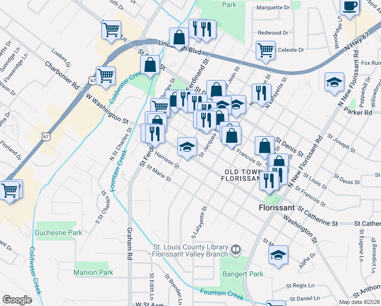 map of restaurants, bars, coffee shops, grocery stores, and more near 450 Saint Jean Street in Florissant