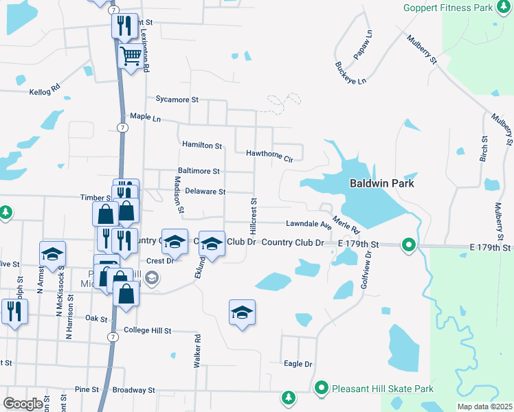 map of restaurants, bars, coffee shops, grocery stores, and more near 1408 Delaware Street in Pleasant Hill