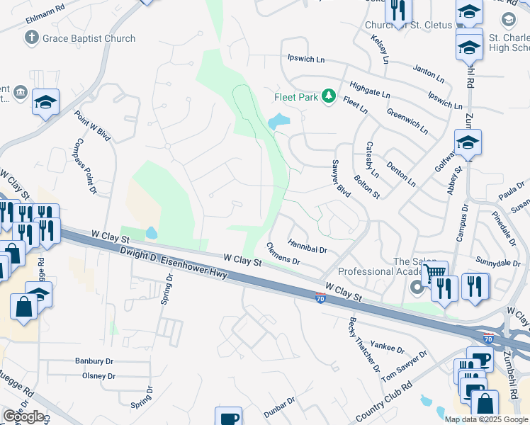 map of restaurants, bars, coffee shops, grocery stores, and more near 125 Carnoustie Court in Saint Charles