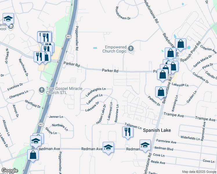 map of restaurants, bars, coffee shops, grocery stores, and more near 1807 Lakeheights Lane in St. Louis