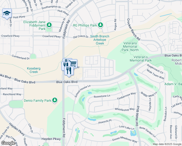 map of restaurants, bars, coffee shops, grocery stores, and more near 1900 Blue Oaks Boulevard in Roseville