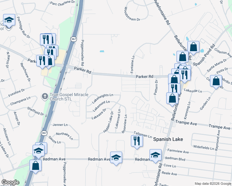 map of restaurants, bars, coffee shops, grocery stores, and more near 1811 Lakeheights Lane in St. Louis
