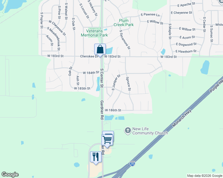map of restaurants, bars, coffee shops, grocery stores, and more near 18500 Juniper Street in Gardner