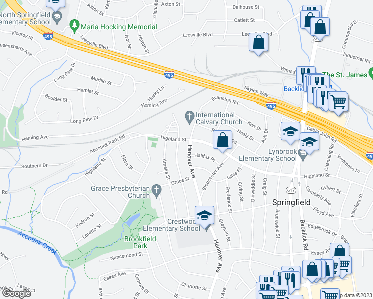 map of restaurants, bars, coffee shops, grocery stores, and more near 5804 Hanover Avenue in Springfield