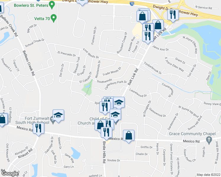 map of restaurants, bars, coffee shops, grocery stores, and more near 656 Summer Winds Lane in St. Peters