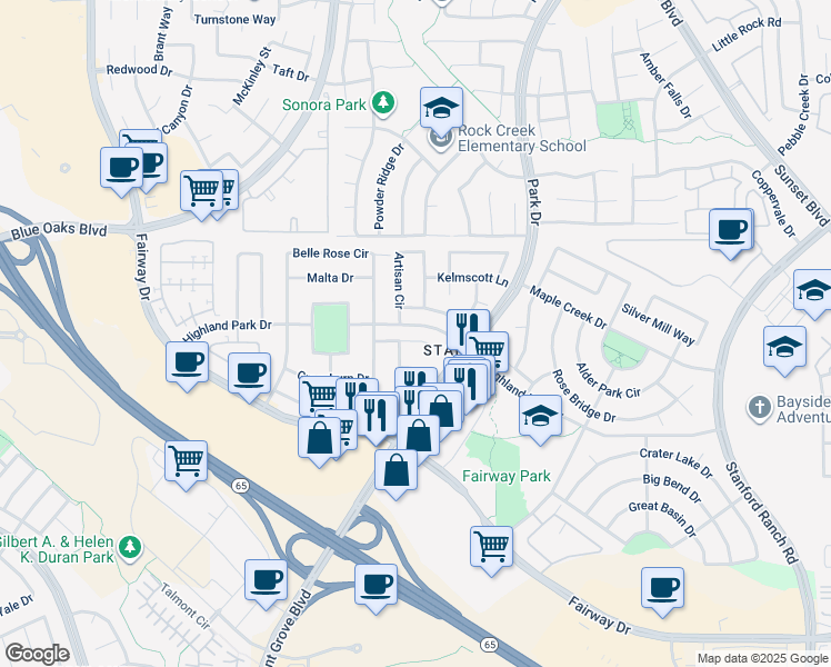 map of restaurants, bars, coffee shops, grocery stores, and more near 149 Lochness Court in Roseville