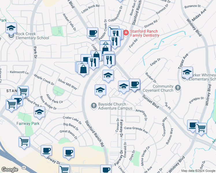map of restaurants, bars, coffee shops, grocery stores, and more near 3317 Marlee Way in Rocklin