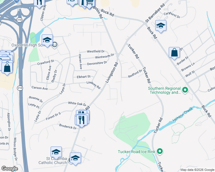 map of restaurants, bars, coffee shops, grocery stores, and more near 7001 Muir Drive in Fort Washington