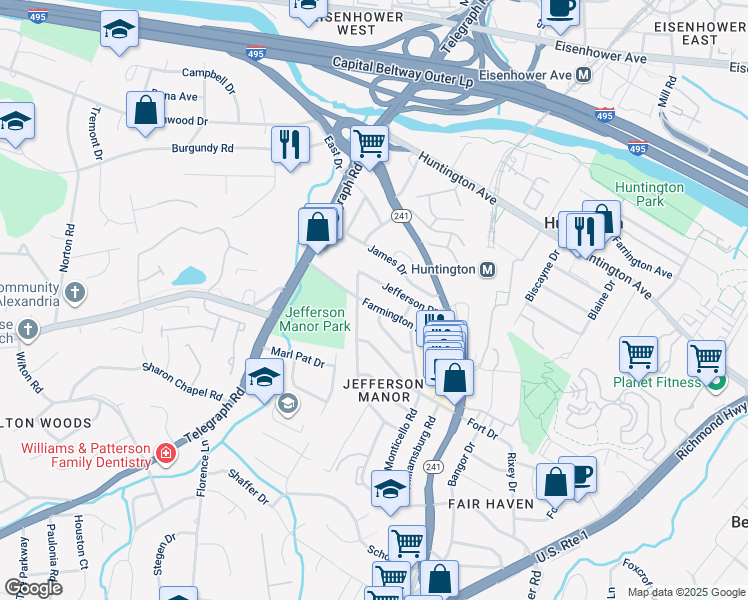 map of restaurants, bars, coffee shops, grocery stores, and more near 2806 Farmington Drive in Alexandria