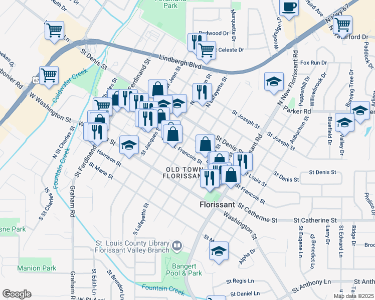 map of restaurants, bars, coffee shops, grocery stores, and more near 701 Saint Francois Street in Florissant