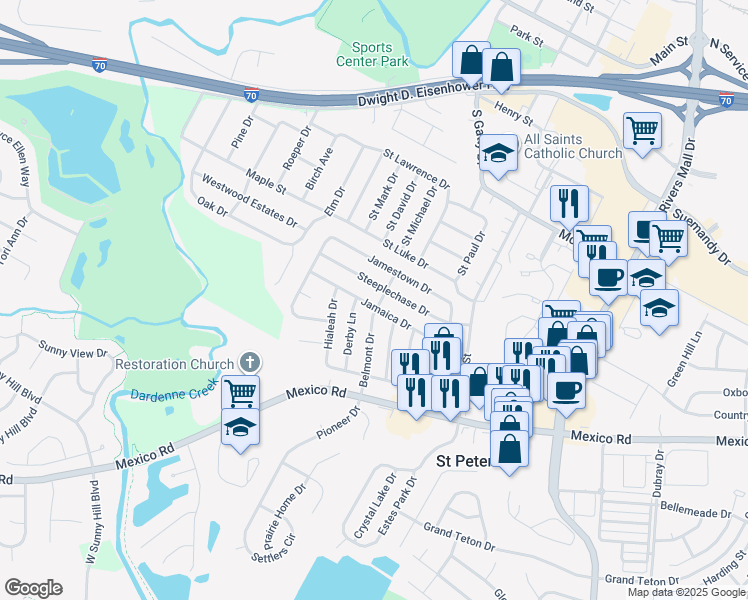 map of restaurants, bars, coffee shops, grocery stores, and more near 30 Belmont Drive in Saint Peters