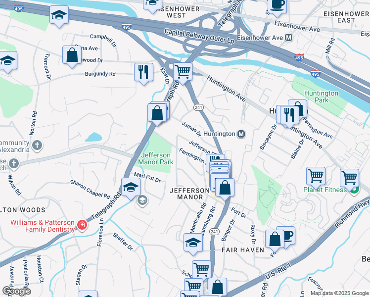 map of restaurants, bars, coffee shops, grocery stores, and more near 2806 Farmington Drive in Alexandria