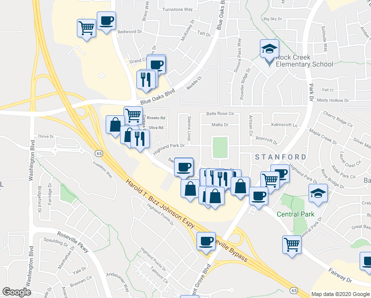 map of restaurants, bars, coffee shops, grocery stores, and more near 1803 Dante Circle in Roseville