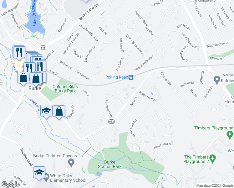 map of restaurants, bars, coffee shops, grocery stores, and more near 9147 Silchester Court in Burke