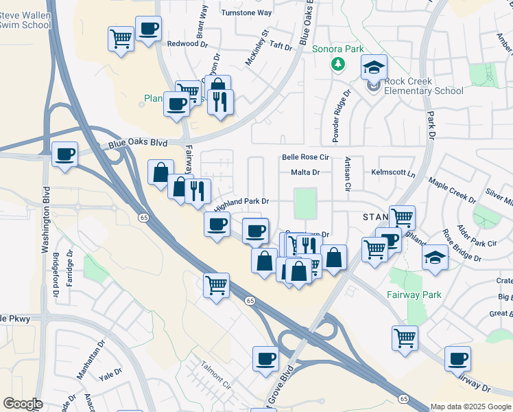 map of restaurants, bars, coffee shops, grocery stores, and more near 1804 Dante Circle in Roseville