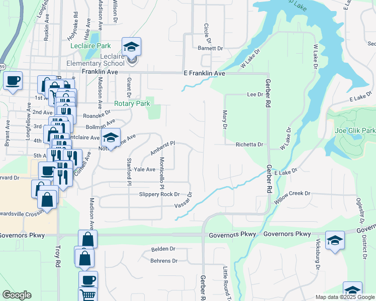 map of restaurants, bars, coffee shops, grocery stores, and more near 830 Amherst Place in Edwardsville