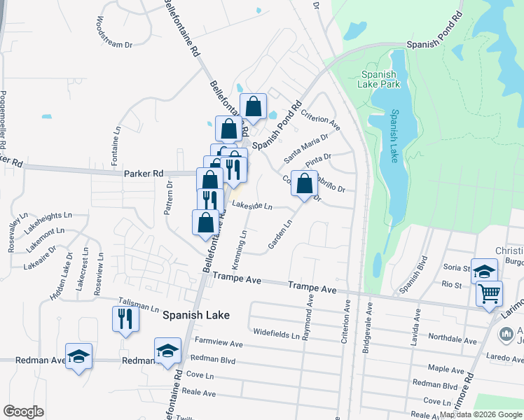 map of restaurants, bars, coffee shops, grocery stores, and more near 1540 Lakeside Lane in St. Louis