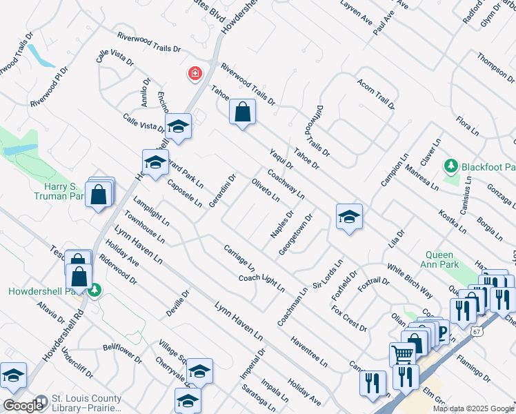 map of restaurants, bars, coffee shops, grocery stores, and more near 7368 Landi Court in Hazelwood
