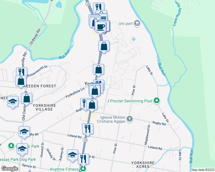 map of restaurants, bars, coffee shops, grocery stores, and more near 8173 Falls Grove Drive in Manassas
