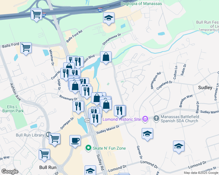 map of restaurants, bars, coffee shops, grocery stores, and more near 10629 Lockerbie Way in Manassas