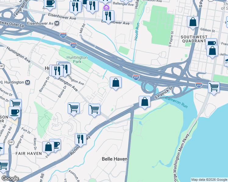 map of restaurants, bars, coffee shops, grocery stores, and more near 5850 Cameron Run Terrace in Alexandria