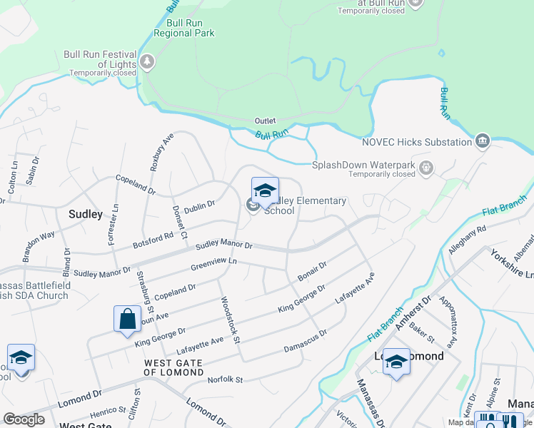 map of restaurants, bars, coffee shops, grocery stores, and more near 9744 Copeland Drive in Manassas