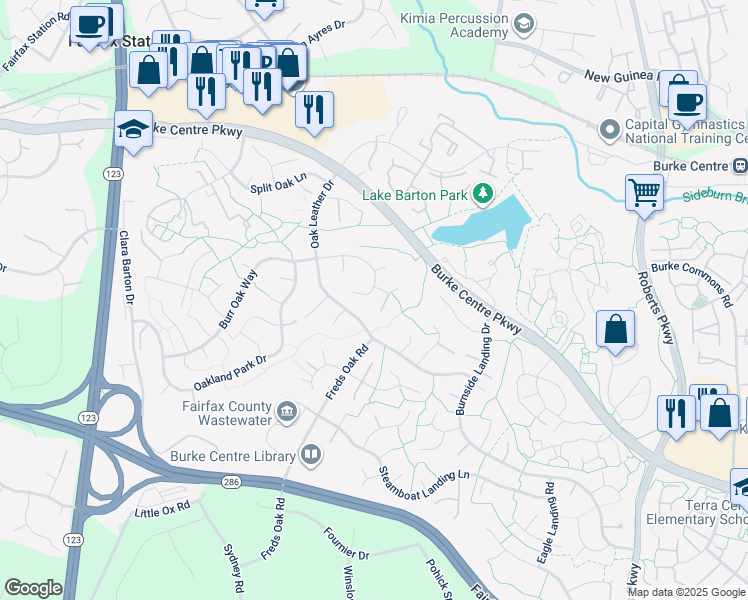 map of restaurants, bars, coffee shops, grocery stores, and more near 10606 Burr Oak Way in Burke