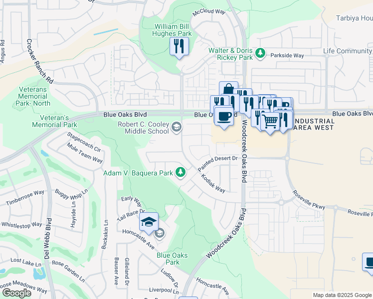 map of restaurants, bars, coffee shops, grocery stores, and more near 9136 Pinto Canyon Way in Roseville