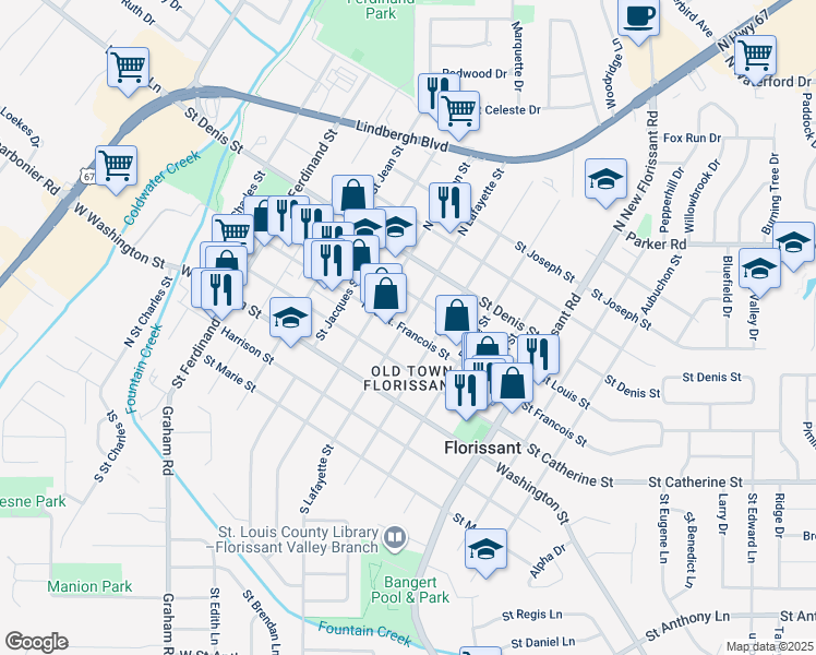 map of restaurants, bars, coffee shops, grocery stores, and more near 701 Saint Francois Street in Florissant