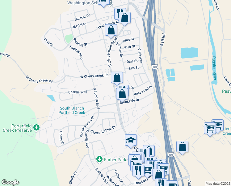 map of restaurants, bars, coffee shops, grocery stores, and more near 104 IOLI Ranch Circle in Cloverdale