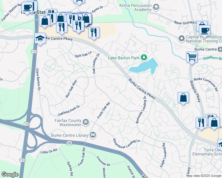 map of restaurants, bars, coffee shops, grocery stores, and more near 10606 Burr Oak Way in Burke