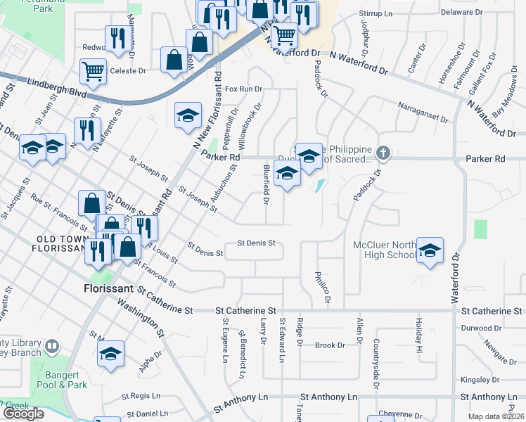 map of restaurants, bars, coffee shops, grocery stores, and more near 1485 Saint Michael Street in Florissant