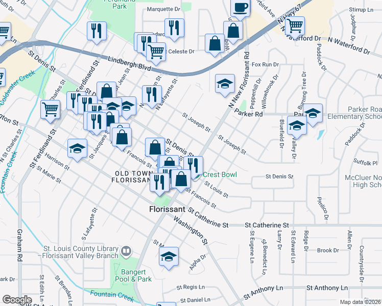 map of restaurants, bars, coffee shops, grocery stores, and more near 1003 Saint Denis Street in Florissant