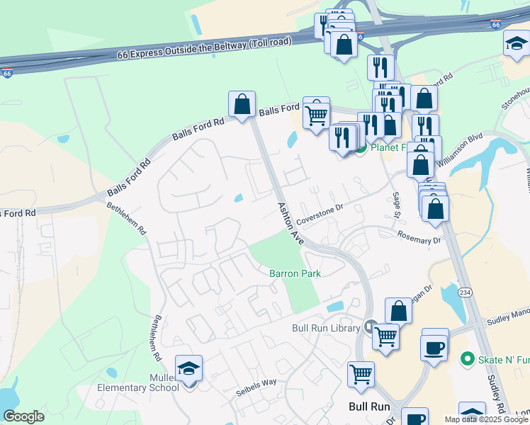 map of restaurants, bars, coffee shops, grocery stores, and more near 7593 Gales Court in Manassas