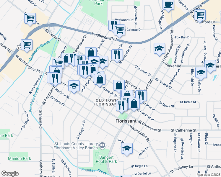map of restaurants, bars, coffee shops, grocery stores, and more near 701 Saint Francois Street in Florissant