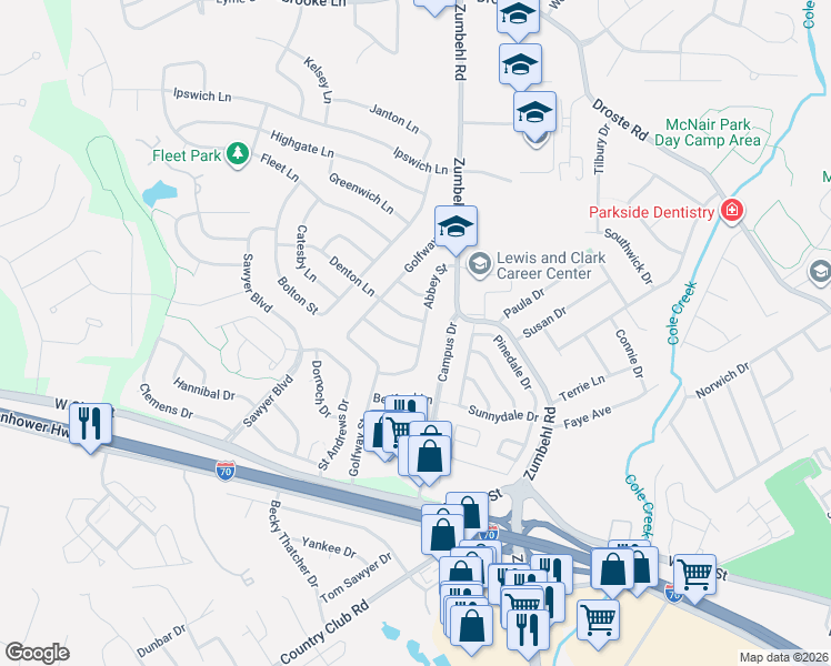 map of restaurants, bars, coffee shops, grocery stores, and more near 3094 Abbey Street in Saint Charles