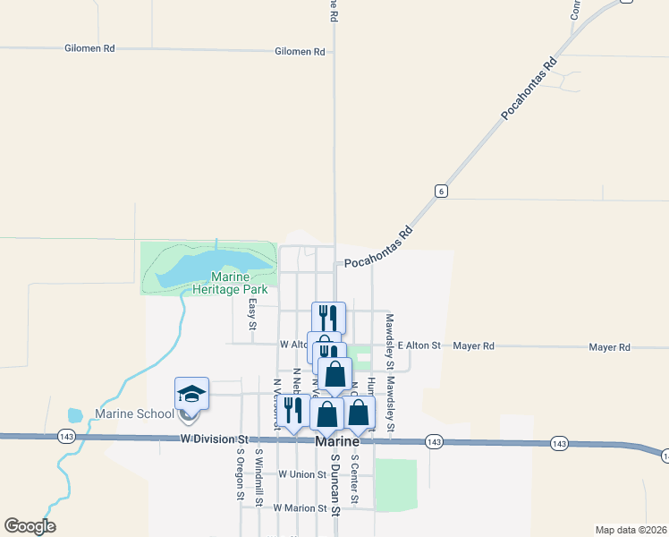 map of restaurants, bars, coffee shops, grocery stores, and more near 606 North Duncan Street in Marine