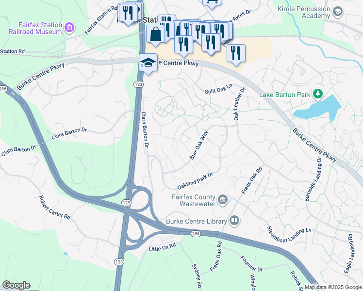 map of restaurants, bars, coffee shops, grocery stores, and more near 10909 Carters Oak Way in Burke