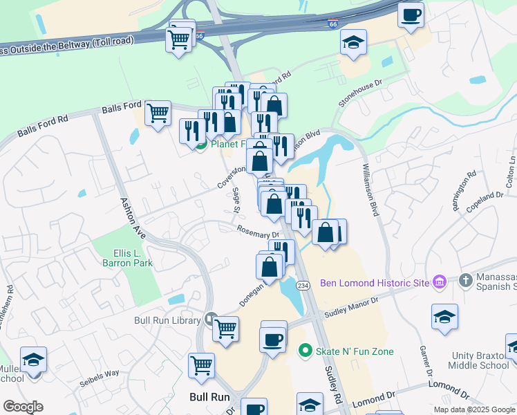 map of restaurants, bars, coffee shops, grocery stores, and more near 7543 Presidential Lane in Manassas