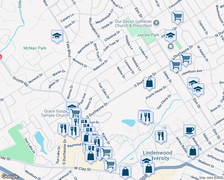 map of restaurants, bars, coffee shops, grocery stores, and more near 7 Oakwood Drive in Saint Charles
