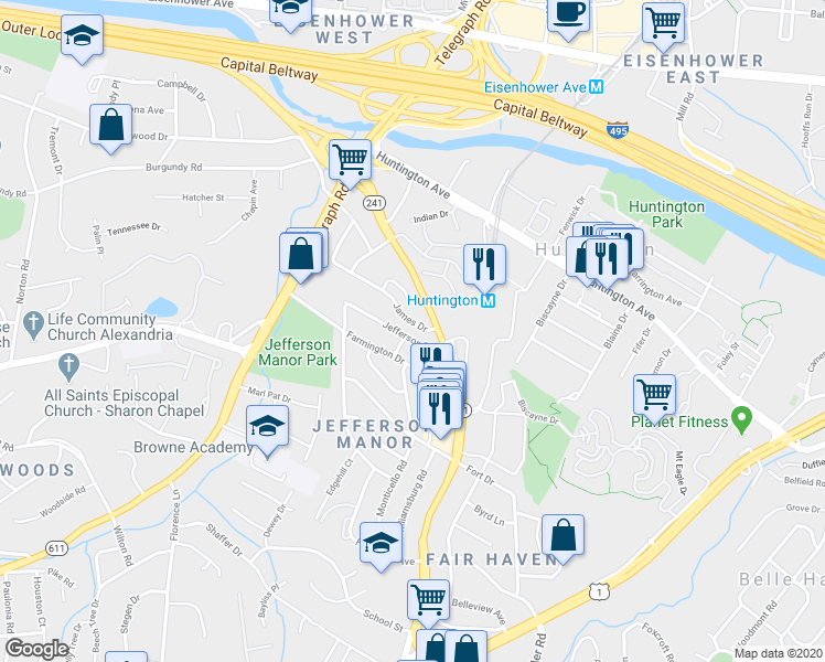 map of restaurants, bars, coffee shops, grocery stores, and more near 2622 Jefferson Drive in Alexandria