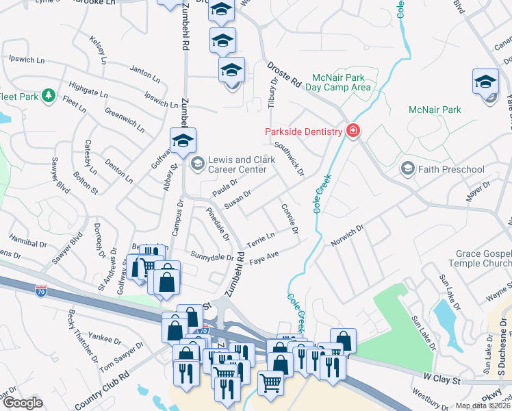 map of restaurants, bars, coffee shops, grocery stores, and more near 75 Ruth Drive in Saint Charles