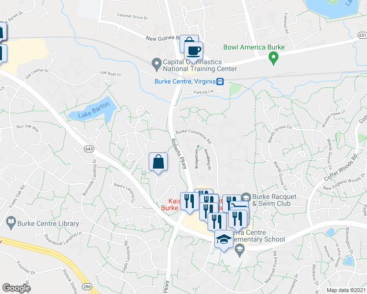 map of restaurants, bars, coffee shops, grocery stores, and more near 5854 Bridgetown Court in Burke
