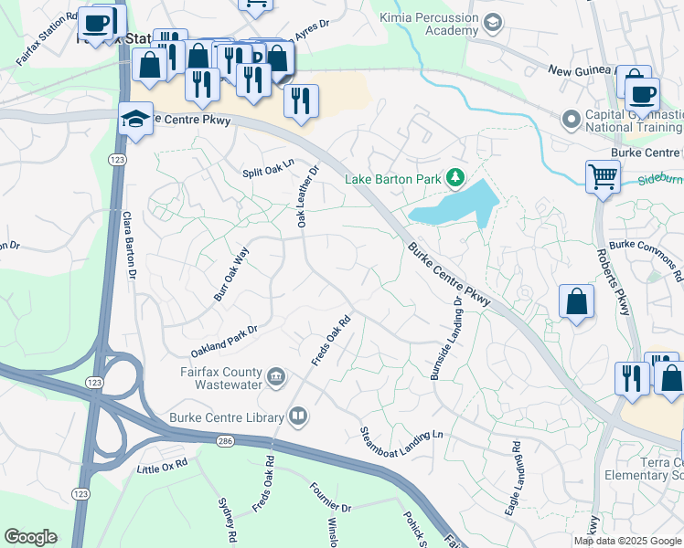 map of restaurants, bars, coffee shops, grocery stores, and more near 10601 Burr Oak Way in Burke