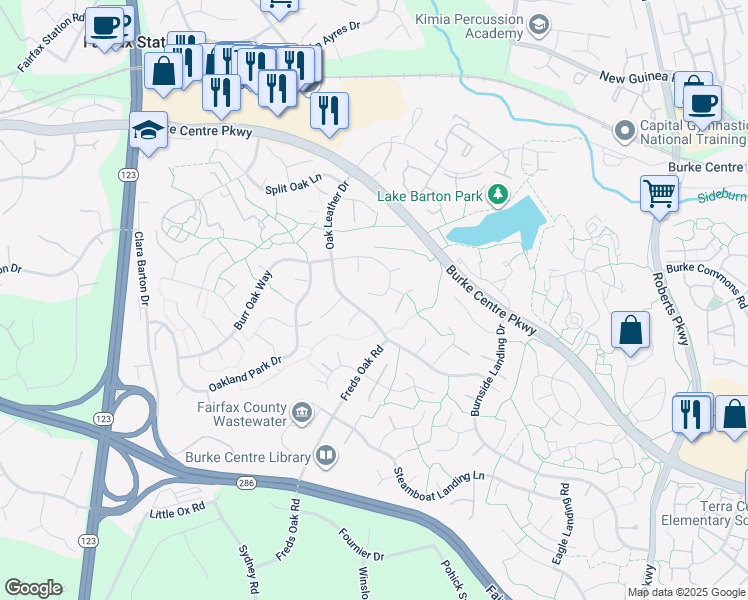 map of restaurants, bars, coffee shops, grocery stores, and more near 10601 Burr Oak Way in Burke