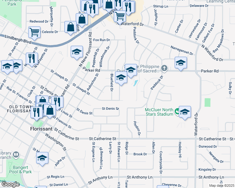 map of restaurants, bars, coffee shops, grocery stores, and more near 1065 Spring Valley Drive in Florissant