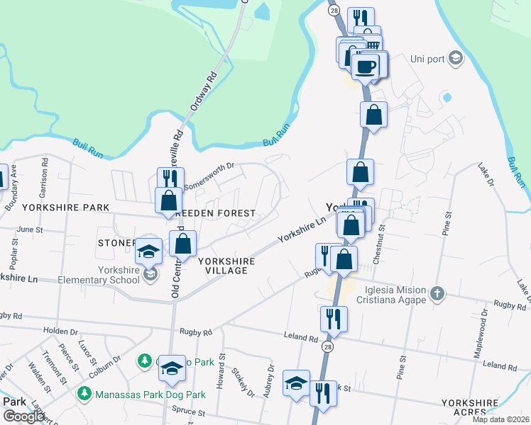 map of restaurants, bars, coffee shops, grocery stores, and more near 7673 Chadds Landing Way in Manassas