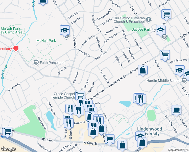 map of restaurants, bars, coffee shops, grocery stores, and more near 2515 Mayer Drive in Saint Charles
