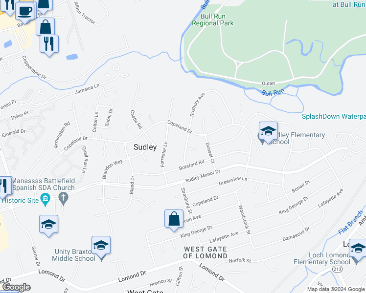 map of restaurants, bars, coffee shops, grocery stores, and more near 7508 Roxbury Avenue in Manassas