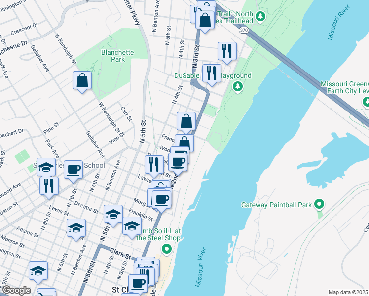 map of restaurants, bars, coffee shops, grocery stores, and more near 1423 North 2nd Street in Saint Charles